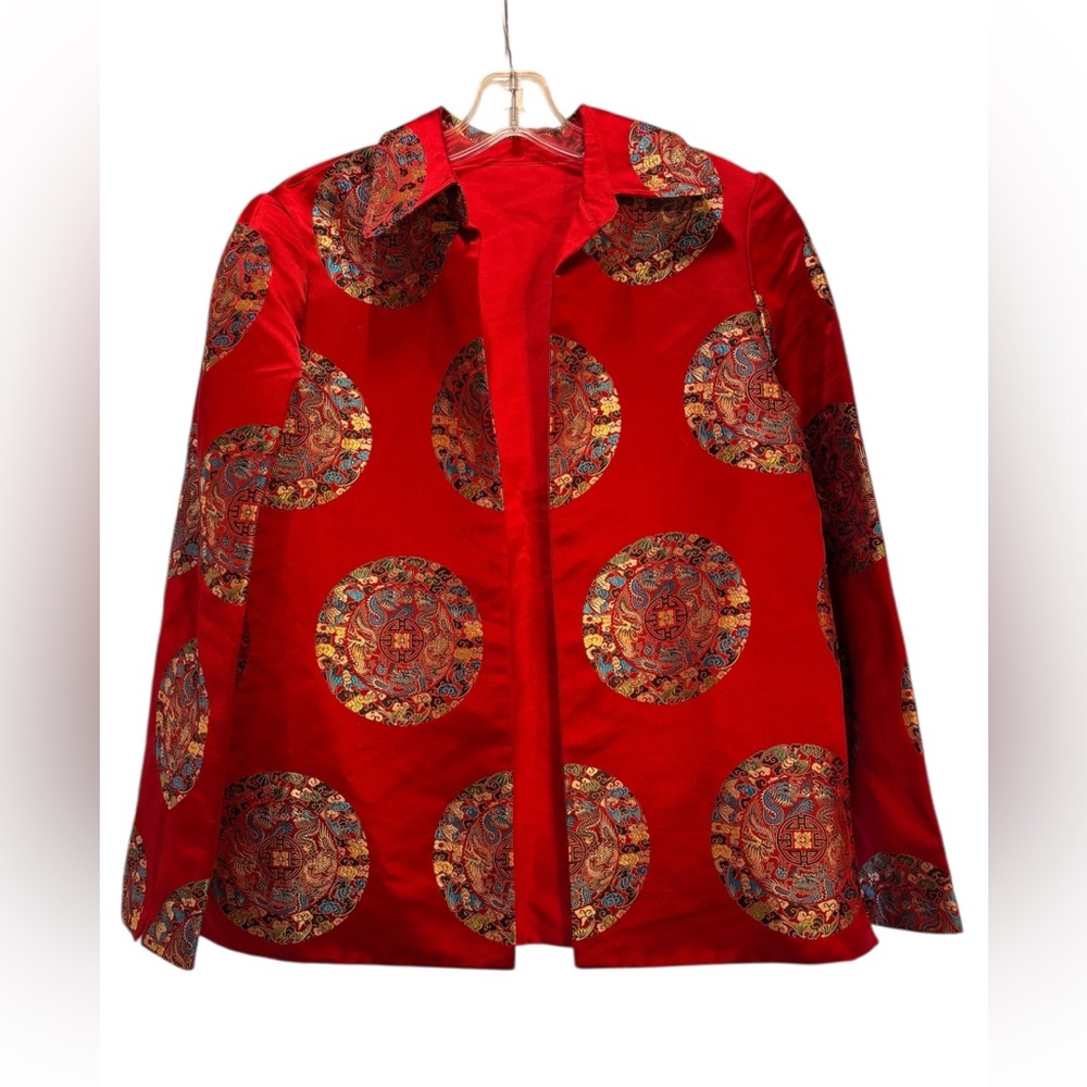 VTG 100% Silk Asian Red Embroidered Brocade Cocktail Party Statement Jacket